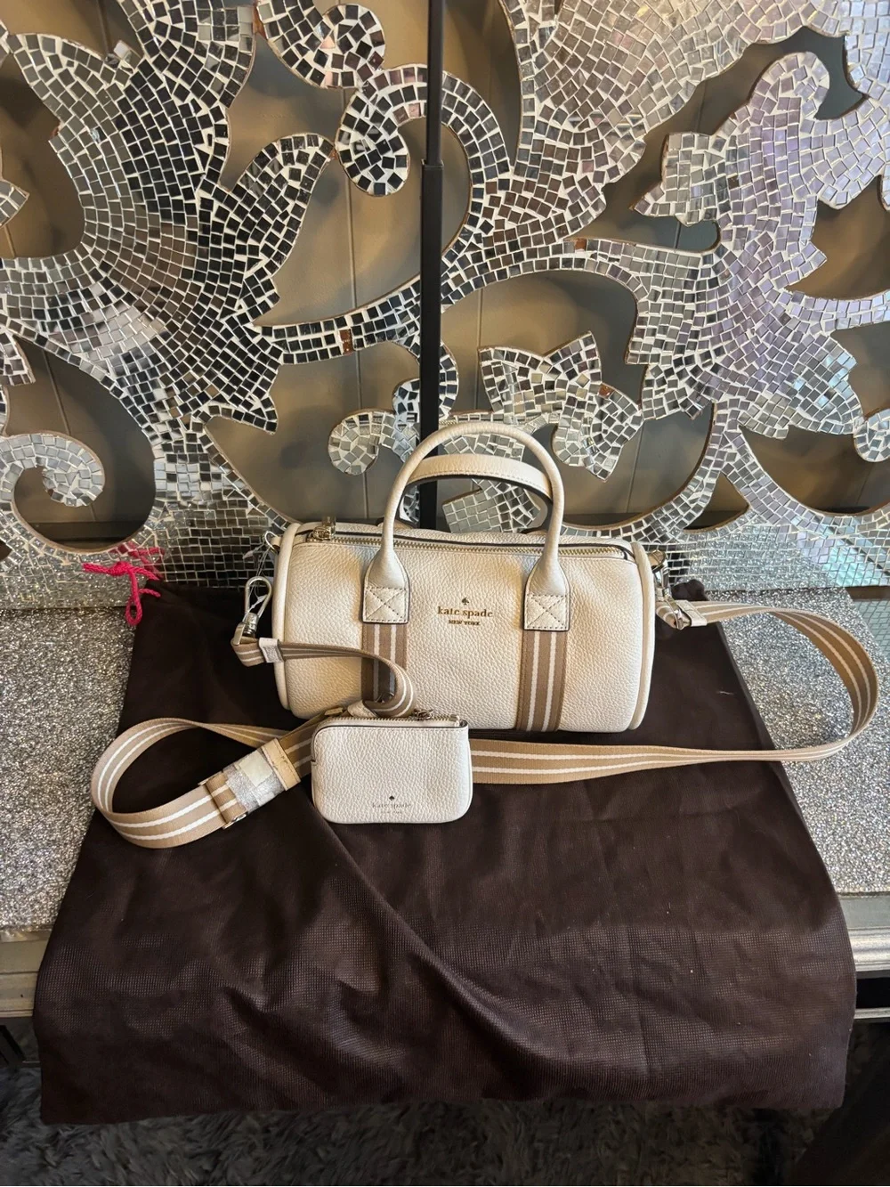 💕Kate spade Rosie Pebbled Leather Barrel Bag with Stripe Strap